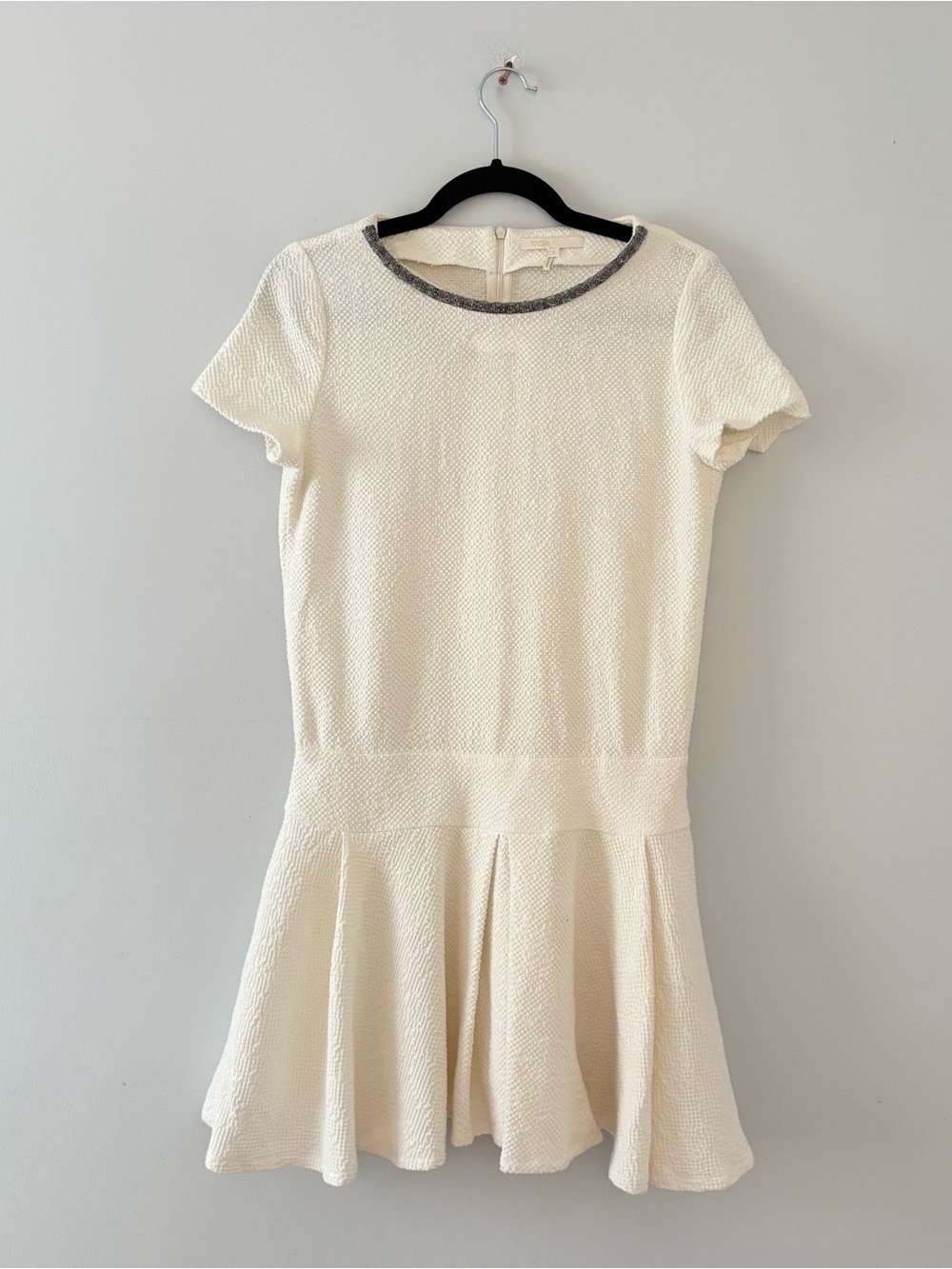Maje Textured Knit Skater Mini Dress Short Sleeve Back Zip Embellished Collar